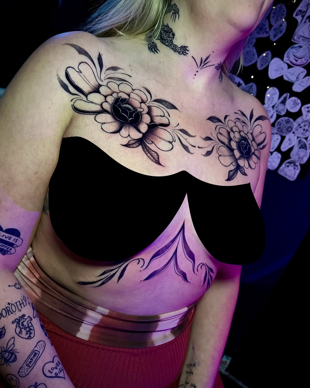 Peony project with added neck leopards, done over 3 day sessions by Symone from Ashton Ink Tattoo Studio, the top tattoo studio in ashton under lyne