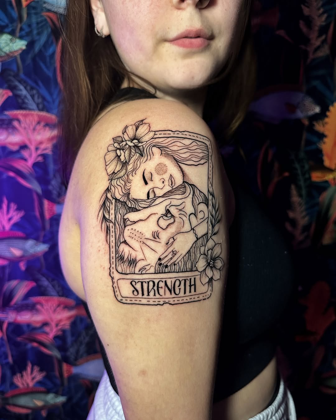 Unscaled version of Megan Bond's strength tarot card scar cover up tattoo, done by Symone at the top tattoo studio in ashton under lyne
