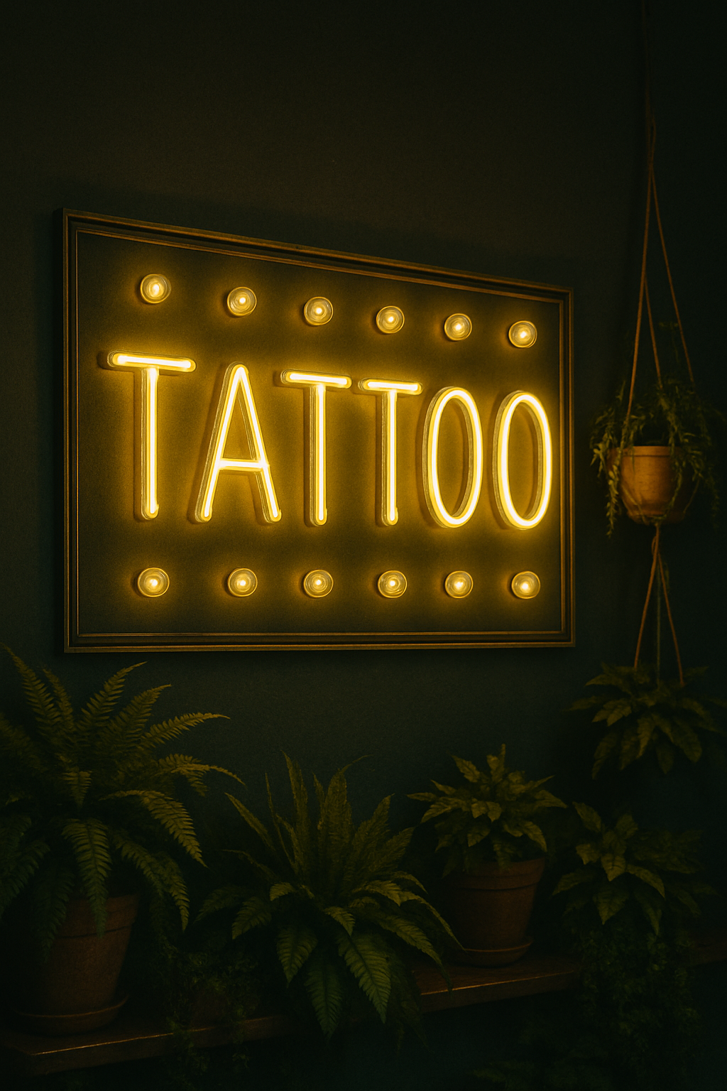 An illustration of a neon tattoo sign with several ferns on a shelf underneath