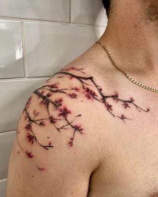 Freehand blossom shoulder tattoo done by Sway Tattoo at Ashton Ink Tattoo Studio - tattoo studio manchester