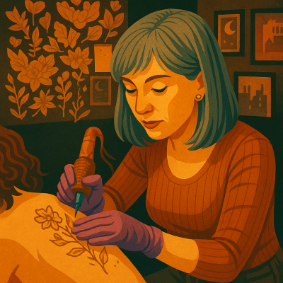Alternative cartoon style illustrated profile picture for Ashton-based Tattoo Artist Monika Moss - women tattoo artists near me