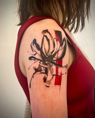 Sumi-e inspired hand drawn flower tattoo done by Sway Tattoo at Ashton Ink Tattoo Studio - tattoo studio manchester